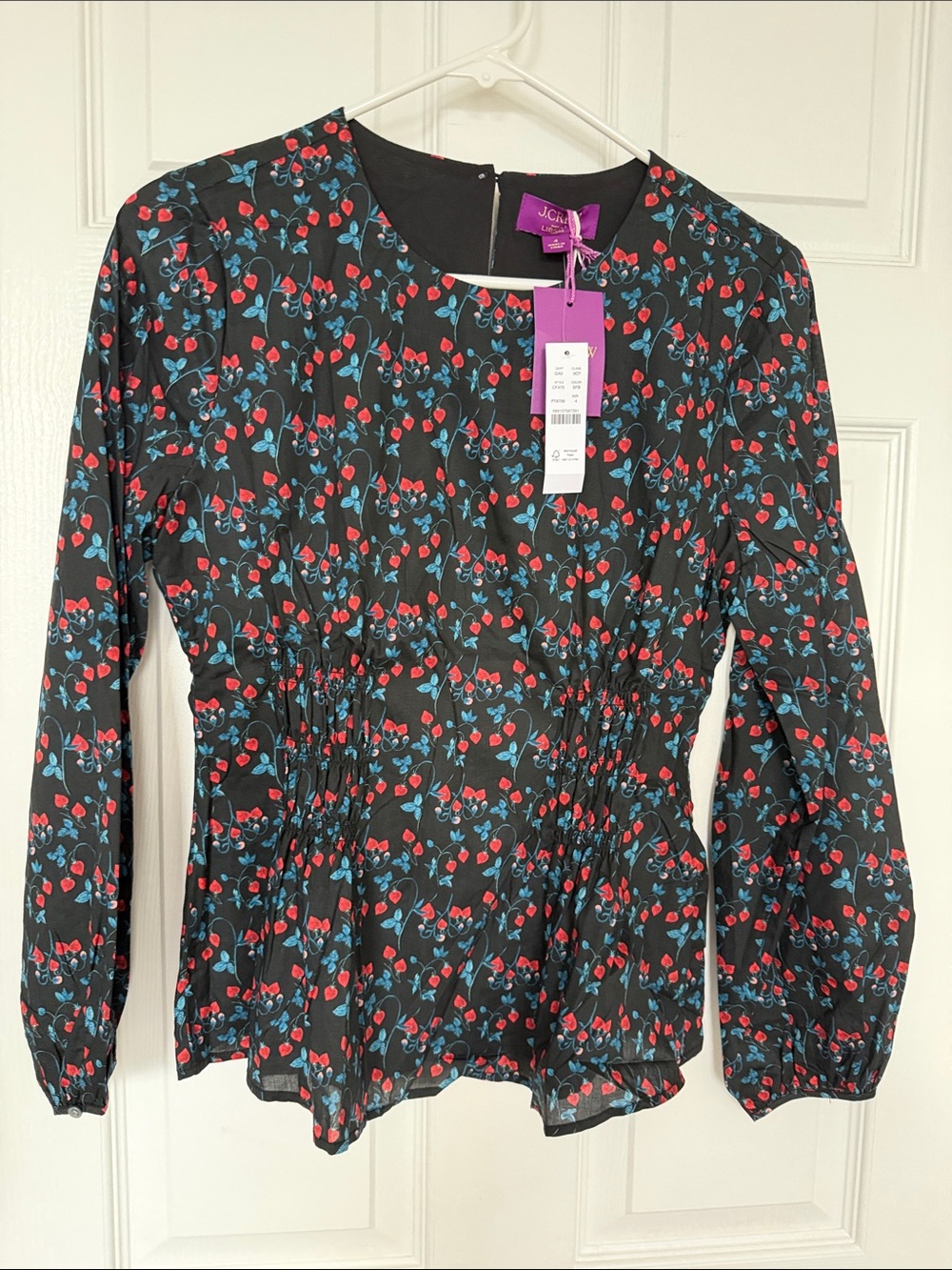 J. Crew Black Floral Smocked-Waist Long Sleeve Blouse with Liberty Print
